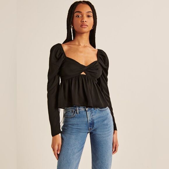 Abercrombie & Fitch Long-Sleeve Sheer Twist-Front Top size S Black - Picture 1 of 10